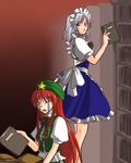  book closed_eyes crying hong_meiling izayoi_sakuya knife library lowres multiple_girls tears touhou tsukiya_sakumi voile 