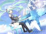  aqua_hair aqua_nails bird day grand_piano hatsune_miku headset instrument k2pudding long_hair md5_mismatch nail_polish necktie panties piano piano_bench skirt sky solo striped striped_panties thighhighs underwear vocaloid 