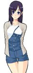  black_hair blue_eyes cardigan original overall_shorts overalls solo unasaka_ryou 