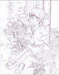  ahoge barefoot blush bucket building dress full_body garden house long_sleeves looking_at_viewer monochrome original outdoors porch purple sasaki_toshiyuki shoes short_hair single_shoe sitting slippers solo stairs 