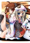  bow brown_hair buttons cat dog hat itotin large_buttons little_busters! long_hair multiple_girls natsume_rin noumi_kudryavka one_eye_closed panties pantyshot pink_bow plaid plaid_skirt red_eyes school_uniform skirt strelka thighhighs underwear 
