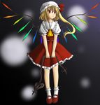  ascot collar crystal dress flandre_scarlet frills full_body hat looking_afar looking_to_the_side mary_janes mob_cap puffy_short_sleeves puffy_sleeves red_dress red_eyes shoes short_sleeves socks solo standing touhou tsukiya_sakumi v_arms white_legwear wings 