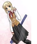  artoria_pendragon_(all) bag black_legwear blonde_hair fate/stay_night fate_(series) green_eyes homurahara_academy_uniform jpeg_artifacts non-web_source pantyhose saber school_bag school_uniform short_hair solo 