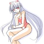  bangs bare_legs bare_shoulders breasts cleavage competition_swimsuit eyebrows_visible_through_hair fujiwara_no_mokou groin hand_on_own_chest long_hair looking_back one-piece_swimsuit red_eyes silver_hair simple_background sitting small_breasts solo swimsuit thighs touhou very_long_hair white_background 