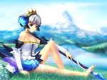  barefoot crown dress feet gwendolyn hat multicolored multicolored_wings odin_sphere sitting solo strapless strapless_dress takashima wings 