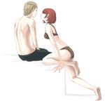  1girl bed bra couple haru_(fiction) hetero lingerie original panties red_hair short_hair underwear underwear_only 
