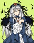  black_dress black_wings brooch dress feathers frilled_sleeves frills gem hairband jewelry lolita_hairband long_hair long_sleeves looking_at_viewer pink_eyes rozen_maiden shingetsu_takehito silver_hair simple_background solo suigintou very_long_hair wings yellow_background 