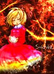  aki_shizuha blonde_hair blush character_name dress fire flame glowing leaf long_sleeves magic orb own_hands_together red_dress red_eyes short_hair solo standing touhou 
