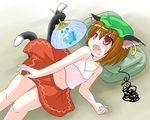  animal_ears brown_hair cat_ears cat_tail chen cirno des earrings fan fang hat jewelry lying multiple_tails navel paper_fan red_eyes short_hair solo squiggle tail tail_hold touhou uchiwa 