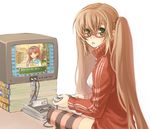  book brown_hair game_console glasses long_hair lowres on_floor original playing_games sitting solo striped striped_legwear super_famicom television thighhighs tokimeki_memorial twintails very_long_hair video_game yuuryuu_nagare 