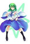  asymmetrical_hair blue_skirt boots brown_footwear detached_sleeves frog_hair_ornament full_body gohei green_eyes green_hair hair_ornament hirase_yuu knee_boots kochiya_sanae legs_apart long_hair long_sleeves nontraditional_miko simple_background skirt snake_hair_ornament solo standing touhou white_background 