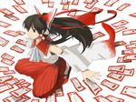  bow brown_eyes brown_hair detached_sleeves from_side hair_bow hair_tubes hakurei_reimu long_hair long_sleeves ofuda ponytail profile red_bow red_eyes ribbon-trimmed_sleeves ribbon_trim sidelocks simple_background solo touhou umishima_senbon white_background 
