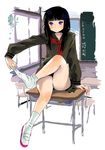  bad_id bad_pixiv_id black_hair blush classroom crossed_legs desk feet indoors legs long_hair mago on_desk original purple_eyes school_desk school_uniform serafuku shoes single_shoe sitting sitting_on_desk sock_pull socks solo 