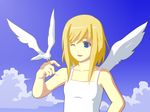  angel bird bird_on_hand blonde_hair blue_eyes copyright_request kagi wings 