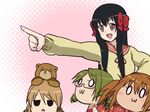  :3 :d animal bear black_hair brown_eyes byakudan_kagome empty_eyes expressionless glasses hair_ribbon hyuuga_kizuna jitome long_sleeves minamoto_chikaru multiple_girls natsume_remon o_o open_mouth oshibaru outstretched_arm pointing pointing_forward red_ribbon ribbon rimless_eyewear scotch sidelocks smile strawberry_panic! triangle_mouth u_u 