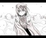  beret cape cloak fur_trim greyscale hair_ornament hat himura_kiseki letterboxed lyrical_nanoha mahou_shoujo_lyrical_nanoha_strikers military military_uniform monochrome short_hair solo uniform x_hair_ornament yagami_hayate 