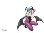  animal_print ark_(morita_hitomi) bat_print breasts character_name demon_girl fingernails large_breasts long_fingernails long_hair morrigan_aensland nail_polish pantyhose pink_nails print_legwear solo succubus vampire_(game) 