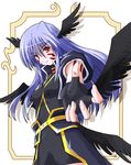  black_wings facial_mark fingerless_gloves gloves head_wings long_hair lyrical_nanoha mahou_shoujo_lyrical_nanoha mahou_shoujo_lyrical_nanoha_a's multiple_wings purple_hair red_eyes reinforce solo wings yone 