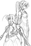  ahoge dress from_side graf_eisen greyscale height_difference holding holding_sword holding_weapon levantine long_hair long_sleeves lyrical_nanoha mahou_shoujo_lyrical_nanoha mahou_shoujo_lyrical_nanoha_a's monochrome multiple_girls ponytail profile signum simple_background sketch standing sword uka uniform unsheathed very_long_hair vita weapon white_background yuuka_(o.t.kingdom) 