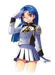  ;d band_uniform blue_eyes blue_hair chan_co gloves hairband headset idolmaster idolmaster_(classic) idolmaster_live_for_you! kisaragi_chihaya one_eye_closed open_mouth salute skirt smile solo 