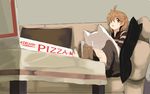  ahoge bad_id bad_pixiv_id barefoot couch feet food from_below glass original pizza shiromiso solo striped 
