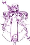  bow closed_fan covering_mouth dress fan folding_fan gap graphite_(medium) hair_bow hat long_hair monochrome purple skirt_hold solo standing tabard touhou traditional_media usaki_(ama) yakumo_yukari yin_yang 