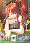  ace ace_of_spades bare_shoulders blue_card blue_eyes bow bracelet breasts card cleavage coin glass gold hair_bow holding holding_card jewelry joker large_breasts long_hair lying_card necklace one_eye_closed original playing_card playing_games ponytail red_hair ribbon sitting solo tattoo themed_playing_card yuu_(yuyukaikan) 