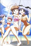  :d antenna_hair barefoot beach beach_umbrella bikini blue_eyes blue_hair brown_eyes brown_hair chair day feet front-tie_top fujie_sana highres inohara_haruhi long_hair multiple_girls navel official_art okamura_masahiro one-piece_swimsuit one_eye_closed ootori_tsubasa open_mouth outdoors ponytail purple_eyes purple_hair red_eyes red_hair scan short_hair side-tie_bikini sitting smile swimsuit touno_senna umbrella w_~wish~ 