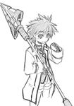  cowboy_shot cropped_legs erio_mondial eyebrows eyebrows_visible_through_hair formal gloves greyscale jacket lance long_sleeves looking_at_viewer lyrical_nanoha mahou_shoujo_lyrical_nanoha_strikers male_focus monochrome open_clothes open_jacket pants polearm sketch solo spiked_hair standing strada suit uka uniform weapon yuuka_(o.t.kingdom) 