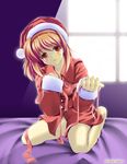  bed blush bottomless brown_hair christmas hat kanon kneeling red_eyes red_skirt ribbon santa_costume santa_hat satou_takeshi skirt solo tsukimiya_ayu 