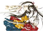  black_hair feathers japanese_clothes moonsorrow multiple_girls original sword weapon 