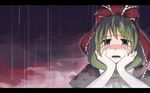  crying crying_with_eyes_open front_ponytail gothic_lolita green_eyes green_hair hair_ribbon hands_on_own_face kagiyama_hina letterboxed lolita_fashion open_mouth rain ribbon solo takuzui tears touhou 