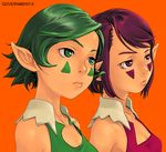  copyright_request elf face facepaint green_eyes green_hair lips looking_away multiple_girls orange_background pointy_ears purple_eyes purple_hair sanada-x short_hair upper_body 