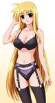  blonde_hair bra breasts cleavage fate_testarossa garter_belt highres large_breasts lingerie long_hair lyrical_nanoha mahou_shoujo_lyrical_nanoha_strikers non-web_source panties red_eyes solo thighhighs underwear underwear_only very_long_hair 