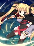  ahoge armlet bardiche belt black_legwear black_ribbon blonde_hair cape choker closed_mouth expressionless fate_testarossa hair_ribbon holding holding_sword holding_weapon kanna_ryouto long_hair looking_at_viewer lyrical_nanoha mahou_shoujo_lyrical_nanoha mahou_shoujo_lyrical_nanoha_a's red_eyes ribbon sidelocks solo sword thighhighs twintails very_long_hair weapon 