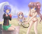  beach bikini blue_eyes blue_hair bow day fang hairband instrument little_busters! long_hair multiple_girls natsume_rin nishizono_mio noumi_kudryavka one-piece_swimsuit outdoors parasol pink_bow plaid plaid_skirt purple_hair satou_takeshi school_uniform short_hair silver_hair skirt swimsuit tambourine umbrella 