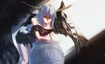  bent_over blue_hair copyright_request hair_over_one_eye hijiri horns jar light long_hair off_shoulder pantyhose red_eyes solo torn_clothes wings 