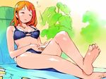  barefoot bikini closed_eyes feet igarasy original reading red_hair soles solo swimsuit 