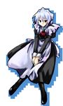  apron black_dress black_legwear collar dress frills full_body juliet_sleeves kotonomiya_yuki long_sleeves looking_at_viewer maid maid_headdress puffy_sleeves red_eyes shoes silver_hair simple_background solo standing suigetsu waist_apron white_background 