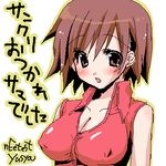  blush breasts brown_eyes brown_hair large_breasts lowres meiko short_hair solo translated vocaloid yusya 