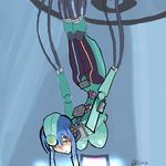  android blue_hair breasts cable captain glados hanging hanging_breasts large_breasts lowres personification portal portal_(series) robot solo spoilers yellow_eyes 