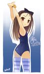  cowboy_shot flat_chest idolmaster idolmaster_(classic) idolmaster_1 long_hair looking_back minase_iori noripachi one-piece_swimsuit school_swimsuit solo stretch striped striped_legwear swimsuit thighhighs wristband 