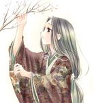  arm_up artist_request black_eyes black_hair cherry_blossoms copyright_request floral_print from_side japanese_clothes kimono long_hair looking_away looking_up low-tied_long_hair profile smile solo upper_body white_background 