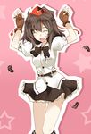  bangs blush brown_hair caramelldansen closed_eyes fingerless_gloves gloves hat kneehighs open_mouth shameimaru_aya smile socks solo takaharu touhou 