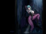  animal_print ark_(morita_hitomi) bat_print breasts character_name collarbone demon_girl green_hair head_wings knee_up large_breasts leotard long_hair looking_at_viewer morrigan_aensland pantyhose pink_eyes print_legwear purple_legwear sitting solo succubus vampire_(game) very_long_hair 