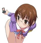  bent_over blush bottomless bow brown_eyes brown_hair cellphone exploration glasses l'ecole_des_cinq_lumieres_school_uniform looking_back lowres maruto! masuko_mika phone precure short_hair solo yes!_precure_5 
