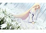  absurdly_long_hair absurdres blonde_hair caucasus dress flower forest highres holding holding_flower long_hair looking_at_viewer nanatsuki_shion nature outdoors red_eyes sitting snowdrop_(flower) solo sugina_miki tree very_long_hair white_dress 