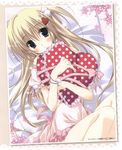  absurdres bed blonde_hair copyright_request dress frilled_pillow frills heart heart_pillow highres korie_riko long_hair lying photo_(object) pillow pillow_hug purple_eyes solo 