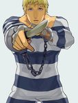  bandages blonde_hair blue_eyes cody_travers cuffs facial_hair handcuffs holding knife male_focus muscle ohji130 outstretched_arm prison_clothes ringed_eyes simple_background solo standing street_fighter street_fighter_iv_(series) stubble weapon 