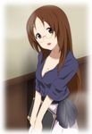  book book_hug breasts brown_eyes brown_hair cleavage face glasses head_tilt holding holding_book ikari_manatsu k-on! long_hair medium_breasts solo teacher yamanaka_sawako 